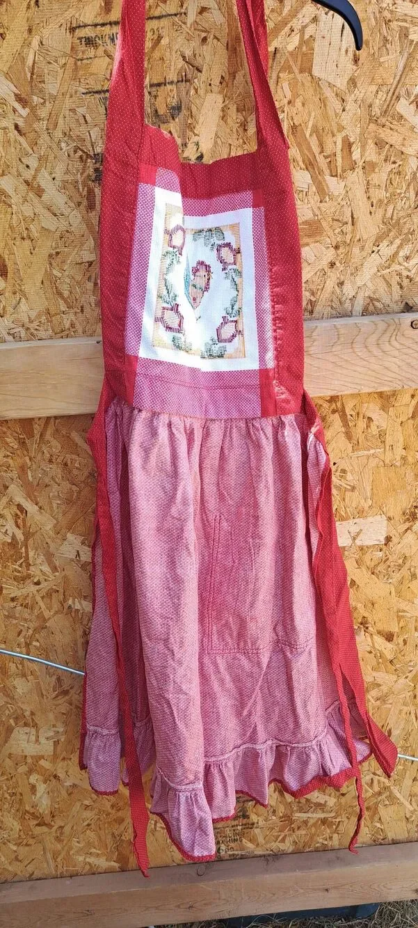 Handmade Red Polka Dot Rooster Cross Stitch Lace Full Apron Cottagecore